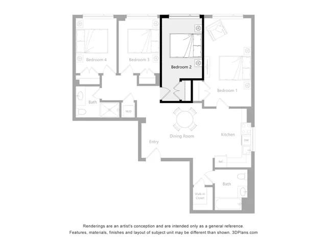 Modern 4-bedroom apartment floor plan featuring an open kitchen, spacious dining room, and convenient storage solutions.