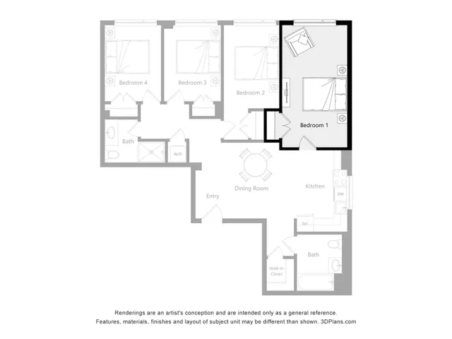 Chic floor plan illustrating 4-bedroom apartment with modern kitchen, dining room, and two stylish bathrooms, ideal for family living.