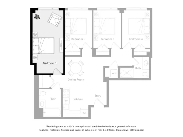 Modern floor plan featuring 4 bedrooms, open dining and kitchen area, and a convenient bathroom layout.