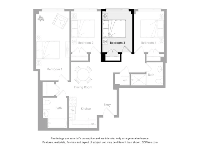 Modern floor plan with 4 bedrooms, open dining area, stylish kitchen, and dual bathrooms, ideal for spacious living.