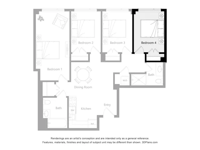 Modern floor plan showcasing four spacious bedrooms, a cozy dining area, and a functional kitchen. Ideal for families seeking comfort and style.