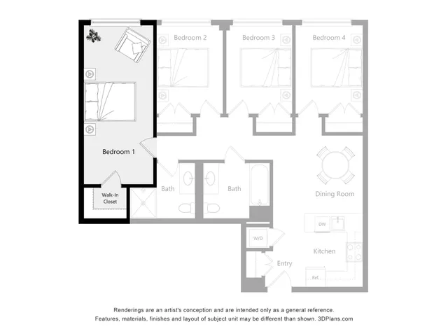 Elegant floor plan featuring 4 bedrooms, spacious dining room, modern kitchen, and a cozy entryway.