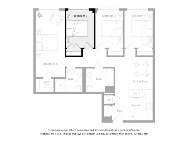 Elegant floor plan featuring 4 bedrooms, a welcoming dining room, and a well-equipped kitchen with seamless flow.