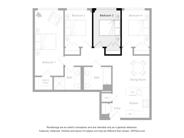 Modern 2D floor plan showcasing 4 bedrooms, a spacious dining area, and well-equipped kitchen.
