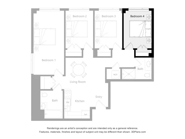 Spacious floor plan featuring 4 bedrooms, an inviting open living room, sleek kitchen, and modern bath.