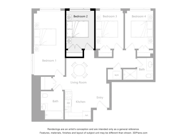 Modern 2D floor plan displaying 4 spacious bedrooms, a cozy living room, and a sleek kitchen, perfect for comfortable family living.