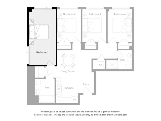 Modern floor plan highlighting 4 bedrooms, open living area, and a contemporary kitchen layout.