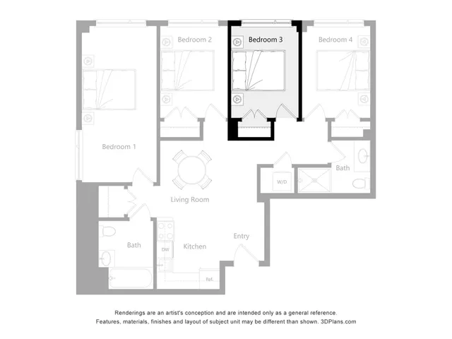 Elegant 2D floor plan showcasing 4 bedrooms, a cozy living room, and a modern kitchen with adjacent bathrooms.