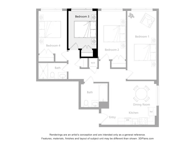 Elegant 2D floor plan showcasing 4 bedrooms, a modern kitchen, open dining area, and two full baths.