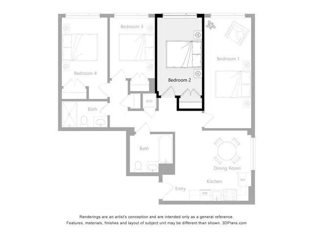 Modern floor plan showcasing 4 bedrooms, 2 bathrooms, a dining area, and a spacious kitchen.