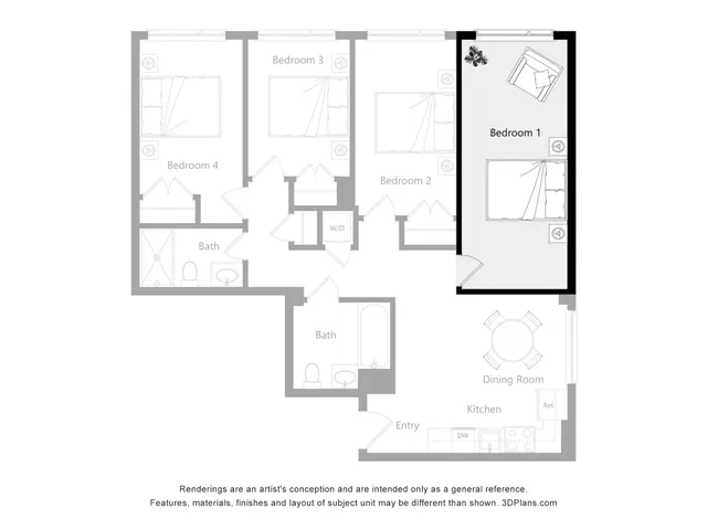 Elegant 2D floor plan showcasing four spacious bedrooms, two sleek bathrooms, a modern kitchen, and a welcoming dining area.