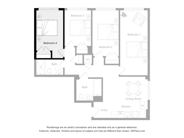 Modern floor plan showcasing a 4-bedroom apartment with a functional kitchen, inviting dining area, and two contemporary bathrooms.