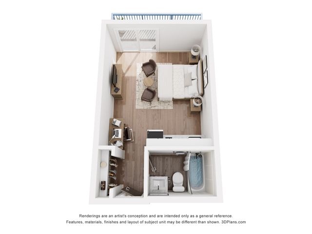 Modern studio apartment floor plan featuring a cozy bedroom area, compact kitchen, stylish living space, and a sleek bathroom.