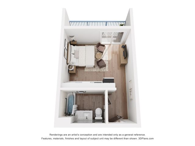 Modern 3D floor plan showcasing a cozy bedroom with balcony access, a chic bathroom, and elegant wooden flooring.