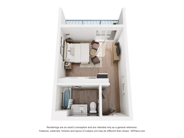 Modern 3D floor plan showcasing a cozy bedroom with adjacent bathroom, featuring a private balcony with stylish decor.