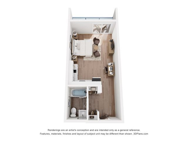 Modern studio floor plan with open-concept bedroom and living area, sleek kitchen, and stylish bathroom.