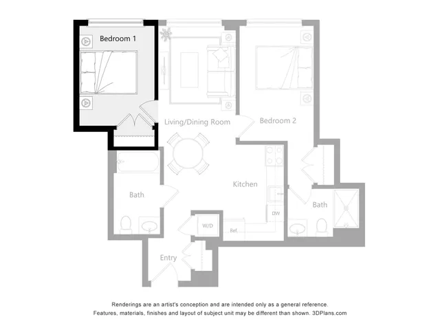 Elegant floor plan featuring 2 bedrooms, modern kitchen, and an inviting living/dining area with dual bathrooms for convenience.