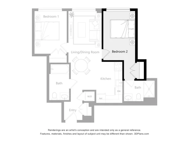 Modern floor plan showcasing 2 bedrooms, a spacious living and dining area, and a well-equipped kitchen. Includes two baths and convenient laundry area near the entry.