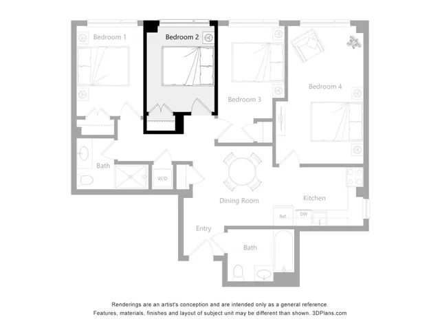 Elegant floor plan showcasing 4 spacious bedrooms, a modern kitchen, and a welcoming dining room, ideal for comfortable living.