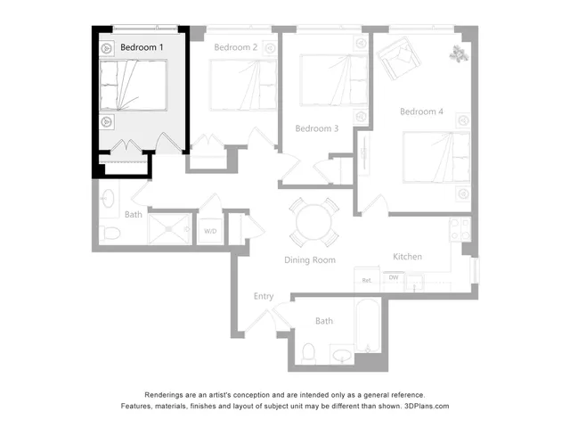 Contemporary 3D floor plan showcasing 4 spacious bedrooms, a sleek kitchen, and inviting dining area, ideal for modern living.