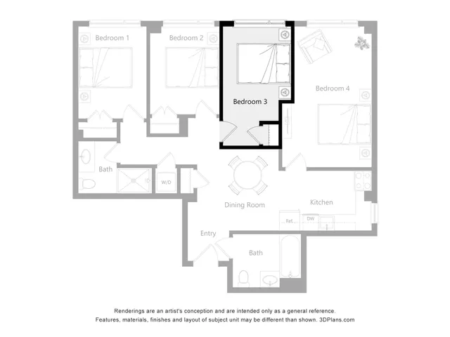 Contemporary floor plan showcasing 4 bedrooms, a modern kitchen, dining room, and multiple baths, ideal for spacious living.