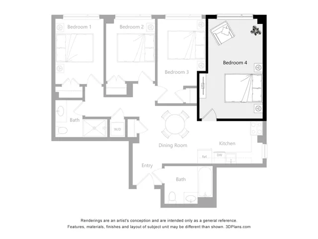 Spacious floor plan showcasing 4 bedrooms, modern kitchen, inviting dining area, and 2 elegant bathrooms.