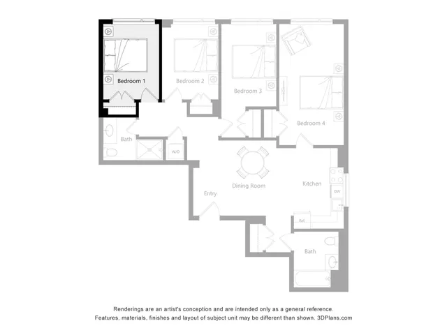 Elegant 2D floor plan featuring 4 spacious bedrooms, open kitchen, dining area, and 2 luxurious bathrooms.