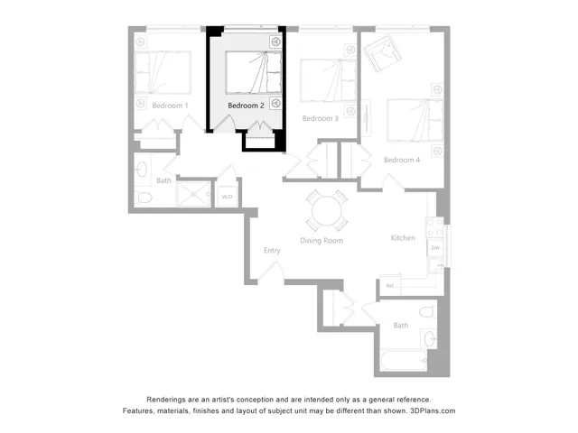 Elegant floor plan showcasing 4 bedrooms, a dining room, and a modern kitchen with two bathrooms, perfect for family living.