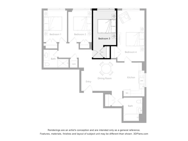 Modern floor plan showcasing 4 bedrooms, a spacious dining room, and a functional kitchen layout.
