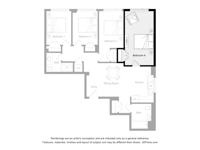 Modern floor plan showcasing 4 bedrooms, dining area, and a practical kitchen layout.