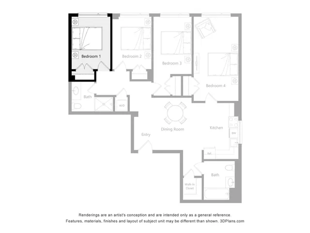 Spacious 2D floor plan featuring 4 bedrooms, open dining area, and a modern kitchen, designed for style and comfort.