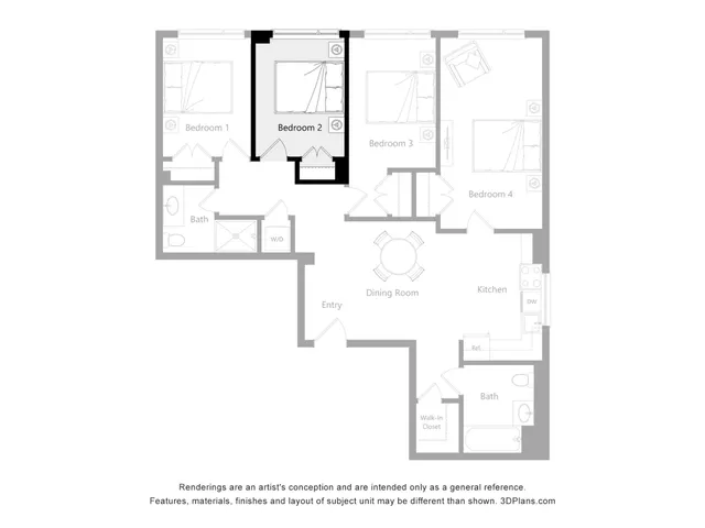 Spacious floor plan showcasing 4 bedrooms, open dining area, and modern kitchen layout.