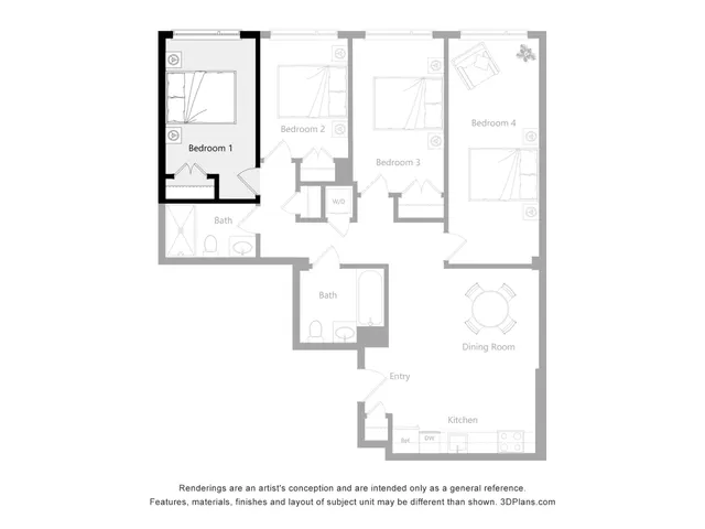Modern 2D floor plan showcasing 4 bedrooms, open dining area, and a functional kitchen, perfect for family living.
