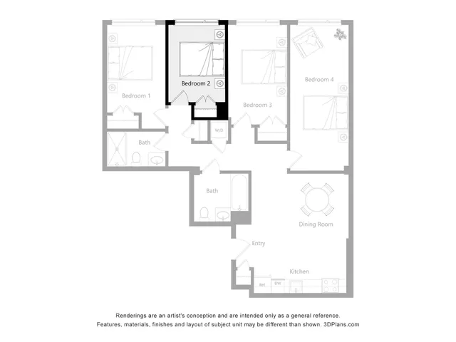 Elegant floor plan showcasing 4 bedrooms with natural flow, inviting dining area, and modern kitchen layout.