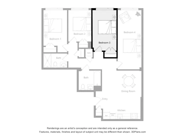 Elegant 4-bedroom floor plan featuring a spacious dining area, modern kitchen, and two well-appointed bathrooms.