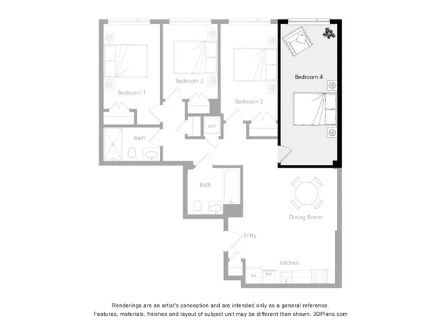 Modern floor plan featuring 4 bedrooms, spacious dining room, open kitchen, and two elegant bathrooms.
