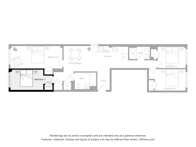 Modern floor plan showcasing four bedrooms, two baths, a sleek kitchen, and an elegant dining area. Ideal layout for stylish living.