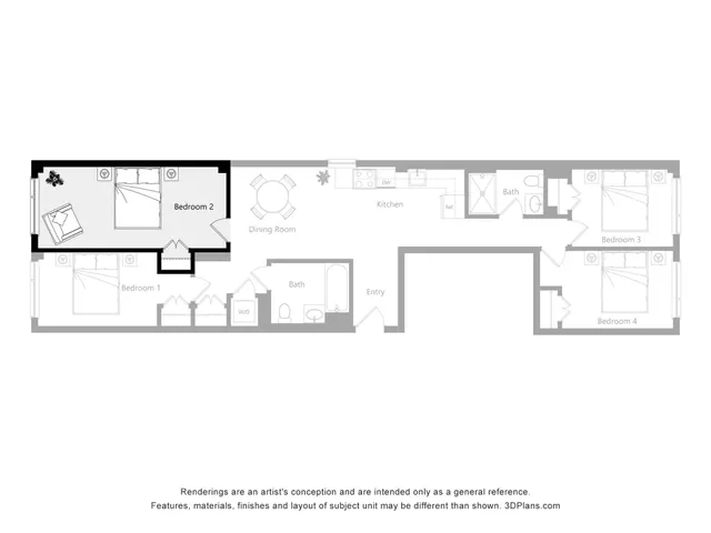 Elegant 2D floor plan showcasing 4 spacious bedrooms, a modern kitchen, and a dining room, perfect for comfortable living.