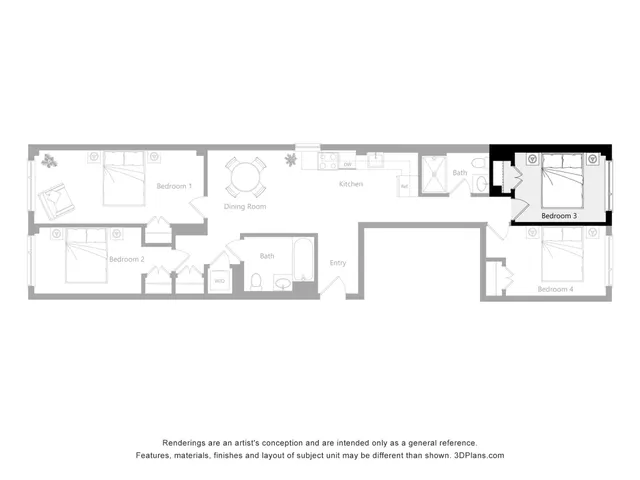 Inviting apartment floor plan featuring 4 cozy bedrooms, modern kitchen, and a spacious dining area perfect for family gatherings.