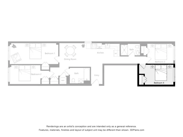 Elegant floor plan showcasing four spacious bedrooms, a modern kitchen, and open dining area, perfect for entertaining.