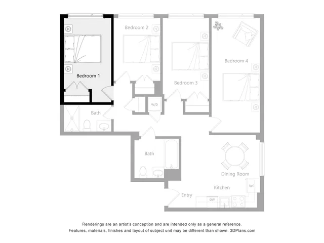Modern floor plan showcasing 4 bedrooms, open kitchen with dining area, and a welcoming entry space.