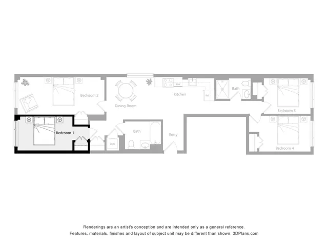 Elegant floor plan showcasing four spacious bedrooms, modern kitchen, and comfortable dining room, ideal for family living.