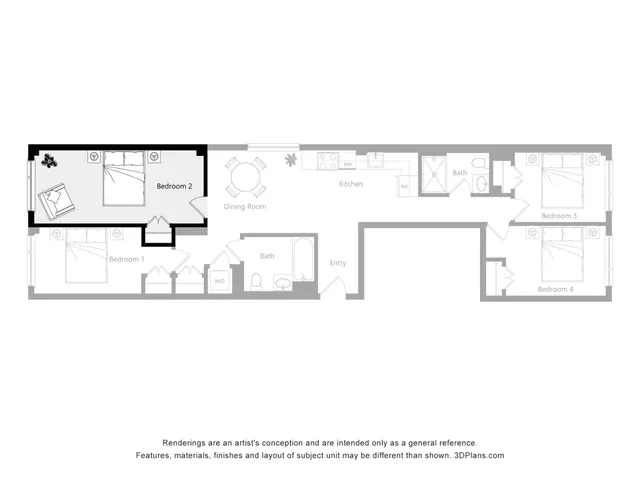 Spacious 4-bedroom floor plan with modern kitchen, open dining area, and two elegant bathrooms. Ideal for families seeking comfort and style.