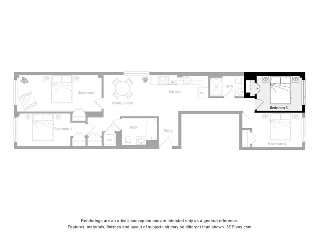Elegant floor plan showcasing 4 bedrooms, separate dining room, modern kitchen, and 2 bathrooms with ample space.
