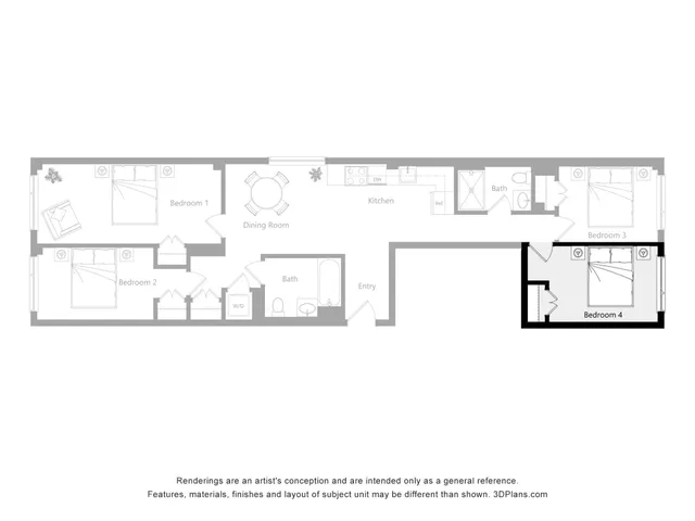 Charming 4-bedroom floor plan with open dining and kitchen area, two bathrooms, and convenient laundry space.