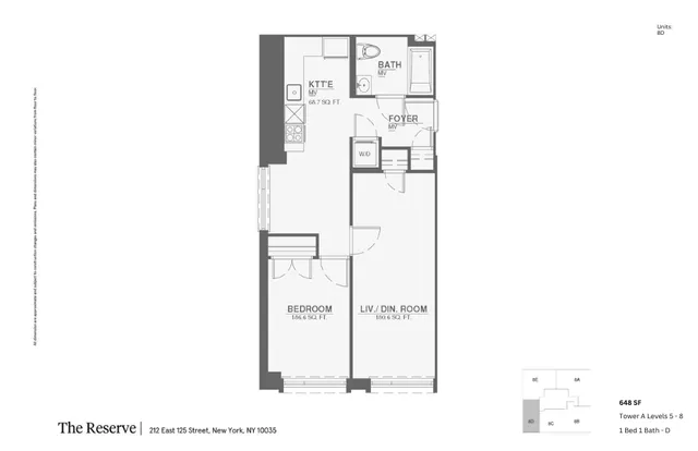 Modern floor plan at The Reserve featuring 1 bedroom and an open living/dining area, perfect for urban living in New York. Total area of 648 sq ft with stylish kitchen and bath.