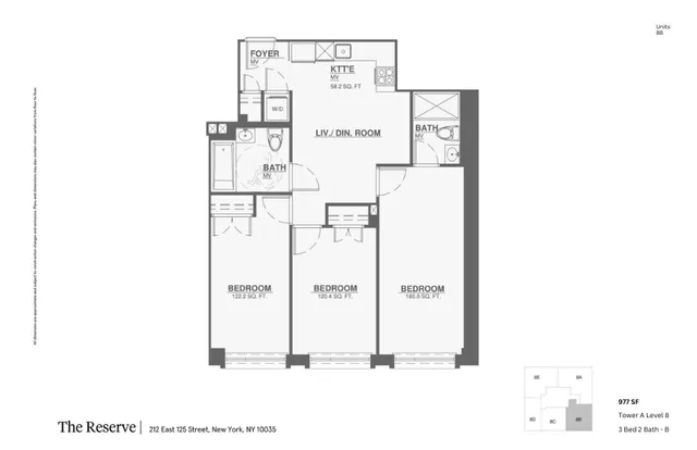 The Reserve floor plan featuring 3 bedrooms, 2 bathrooms, a cozy kitchen, open living/dining area, located at 212 East 125 Street, New York, with 977 sq ft of stylish living space.