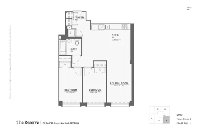 Inviting floor plan at The Reserve, showcasing 2 bedrooms, a bath, and an open-concept kitchen and living/dining area in New York City, 977 sq ft.