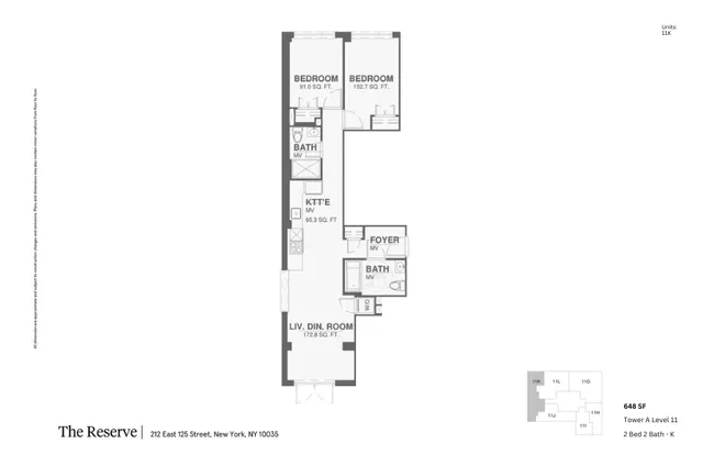 The Reserve floor plan showcasing a stylish 648 sq. ft. apartment with 2 bedrooms, 2 bathrooms, open living/dining area, and modern kitchen in New York\'s Tower A Level 11.