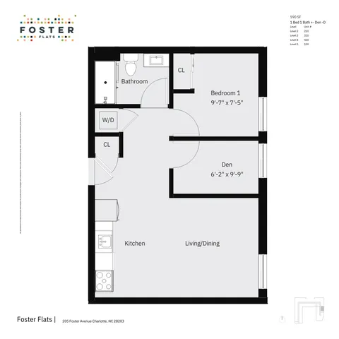 1 BED 1 BATH + DEN - D | 590 SF